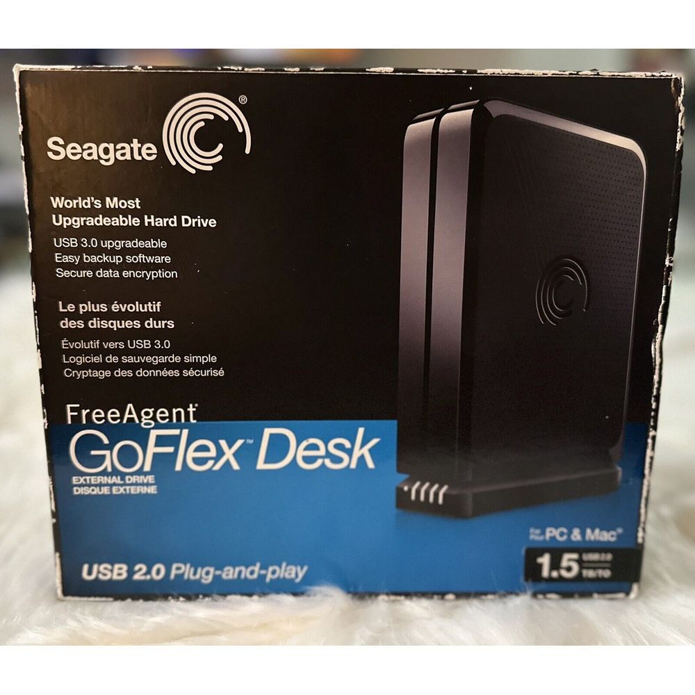 SEAGATE 1.5 TB GO FLEX DESK EXTERNAL DRIVE USB 2.0. USB 3.0 UPGRADEABLE w/ Cords
